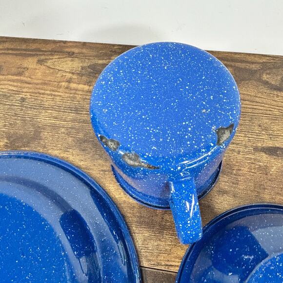 Enamel Ware Blue Speckled Metal Coffee Mug Cup Bowl Plate Cabin Camp Farmhouse - Picture 7 of 13